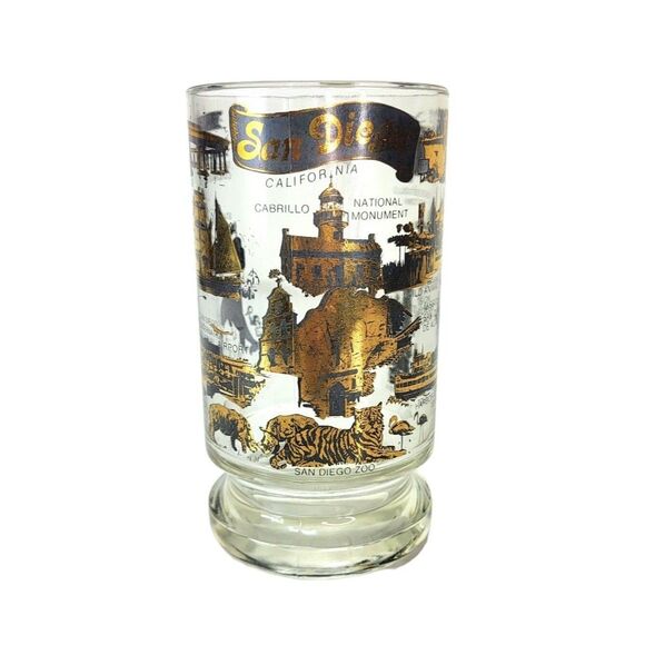 Vintage SAN DIEGO MCM Black 22 Kt Gold Souvenir Heavy Bottom Glass Beer Mug - Picture 1 of 13